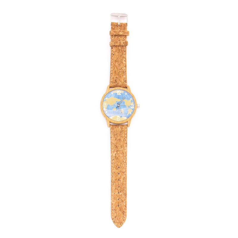 Natural cork strap with world map wood color stainless steel watch WA-118