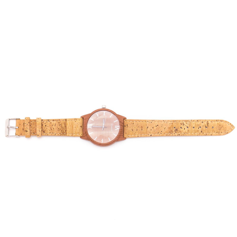 Natural cork watch strap with light brown wood color watch face unisex watch WA-117
