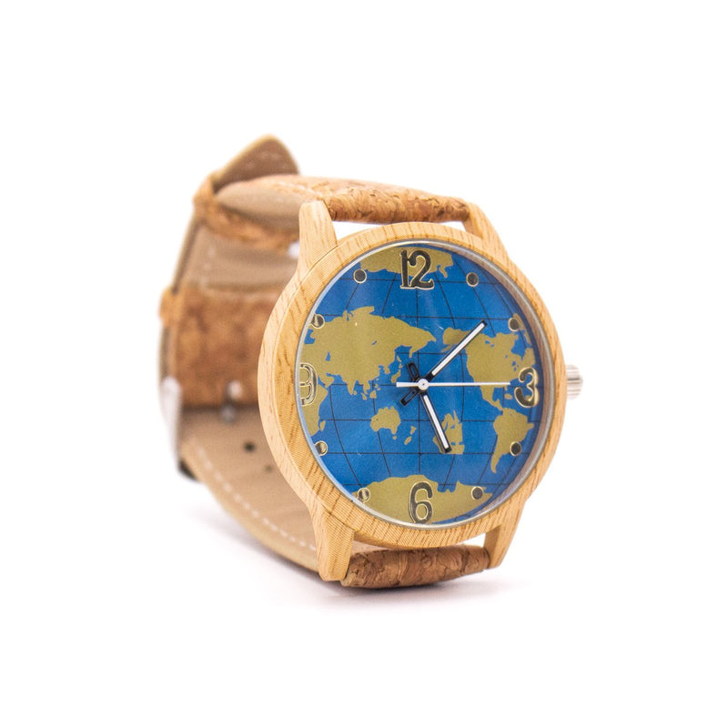 Natural cork strap with world map wood color stainless steel watch WA-118