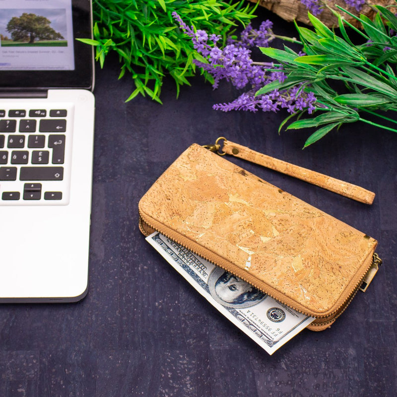 Gold detail cork zipper wallet all cork inside Natural eco vegan women wallet Bag-324-E