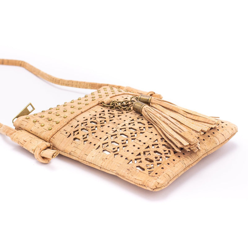 Laser cut crossbody natural cork women small bag with tassel BAG-608-AB