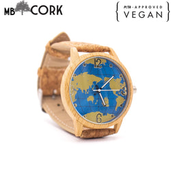 Natural cork strap with world map wood color stainless steel watch WA-118