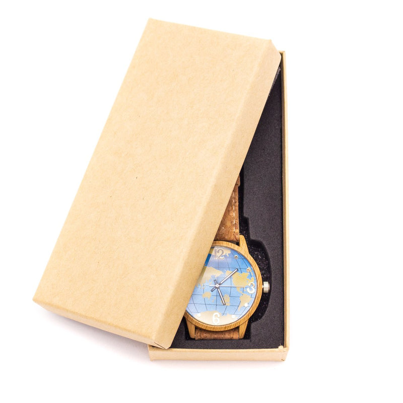 Natural cork strap with world map wood color stainless steel watch WA-118