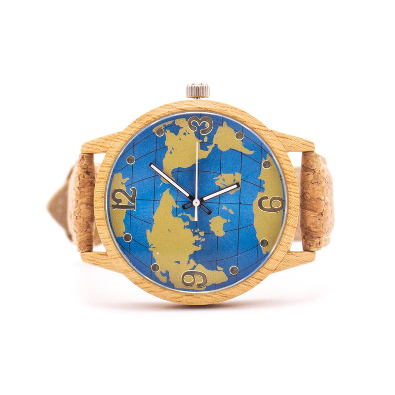 Natural cork strap with world map wood color stainless steel watch WA-118