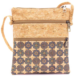Natural cork with pattern double zipper crossbody purse bag BAG-625
