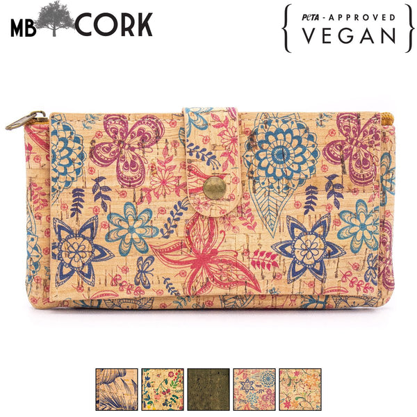 Natural cork zipper women card wallet with flower pattern BAG-350-G/P/S/T/255