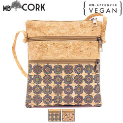 Natural cork with pattern double zipper crossbody purse bag BAG-625