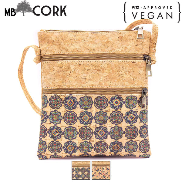 Natural cork with pattern double zipper crossbody purse bag BAG-625