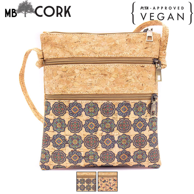 Natural cork with pattern double zipper crossbody purse bag BAG-625