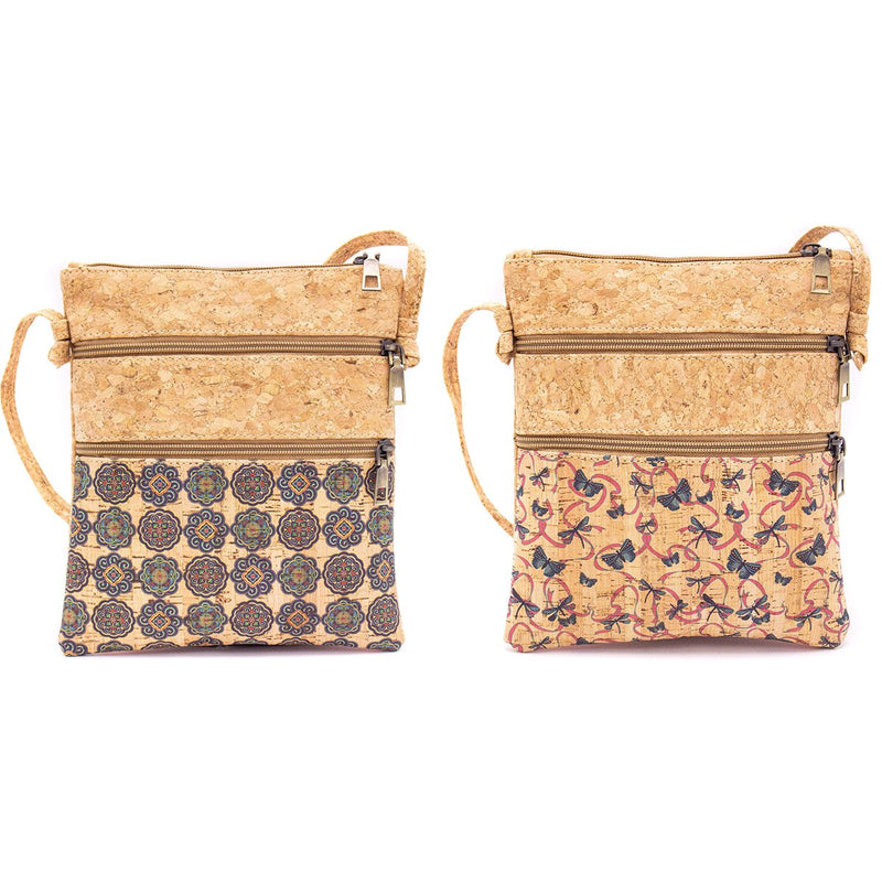 Natural cork with pattern double zipper crossbody purse bag BAG-625
