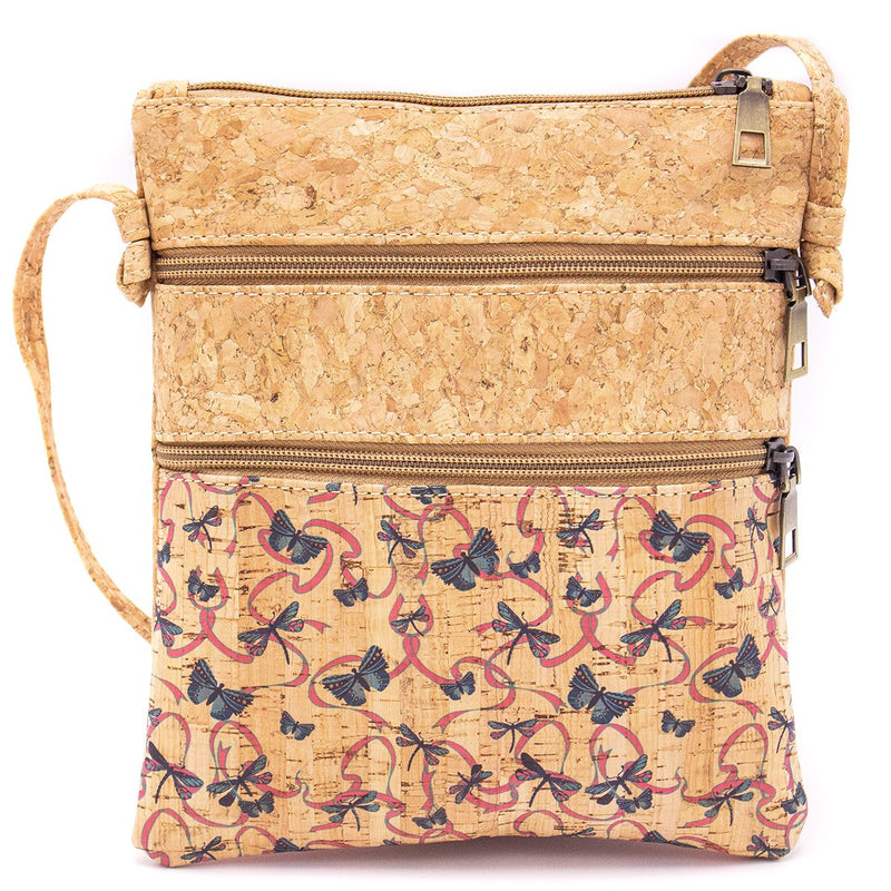 Natural cork with pattern double zipper crossbody purse bag BAG-625