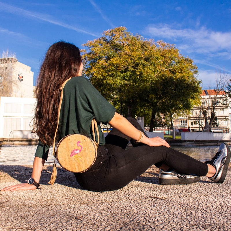 Natural cork flamingo sewed Round Structured women Handbag BAG-405