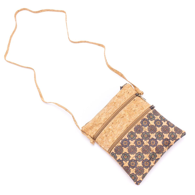 Natural cork with pattern double zipper crossbody purse bag BAG-625