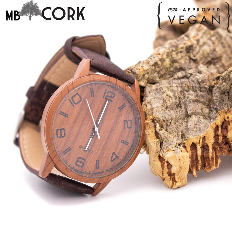 Cork watch vegan wrist watch wood color with brown cork watch strap WA-111-B