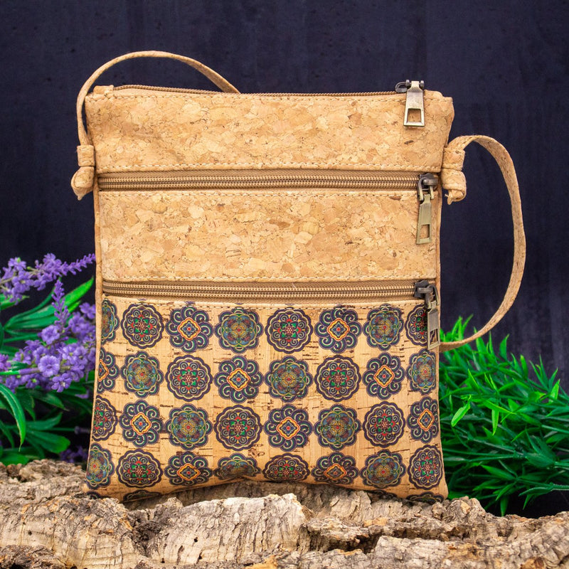 Natural cork with pattern double zipper crossbody purse bag BAG-625