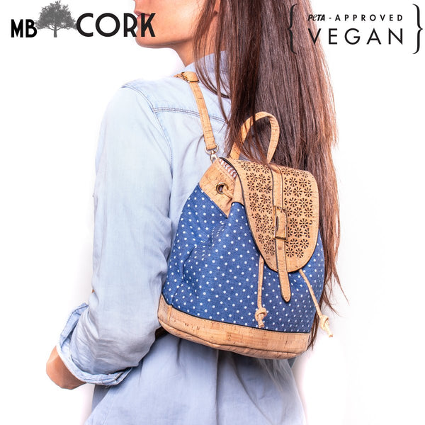 Cork laser cutting cork with Blue Textile women backpack OY-005-Radom