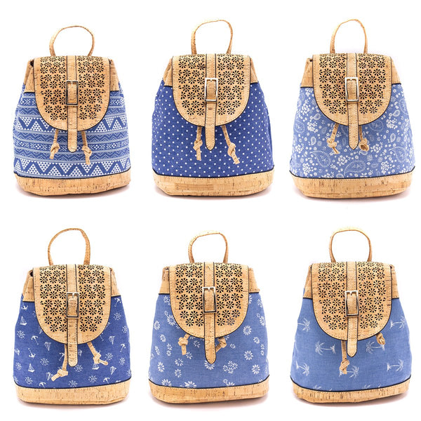 Cork laser cutting cork with Blue Textile women backpack OY-005-Radom