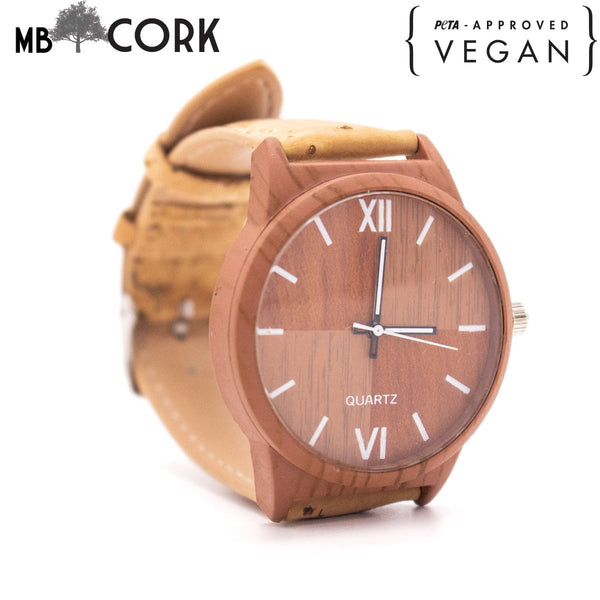 Natural cork watch strap with light brown wood color watch face unisex watch WA-117