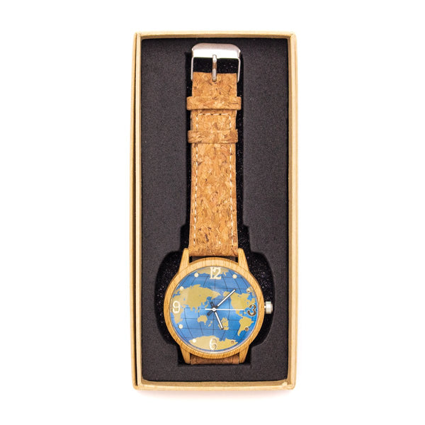 Natural cork strap with world map wood color stainless steel watch WA-118