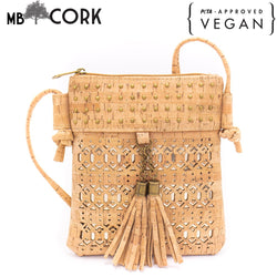 Laser cut crossbody natural cork women small bag with tassel BAG-608-AB