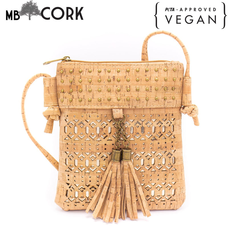 Laser cut crossbody natural cork women small bag with tassel BAG-608-AB