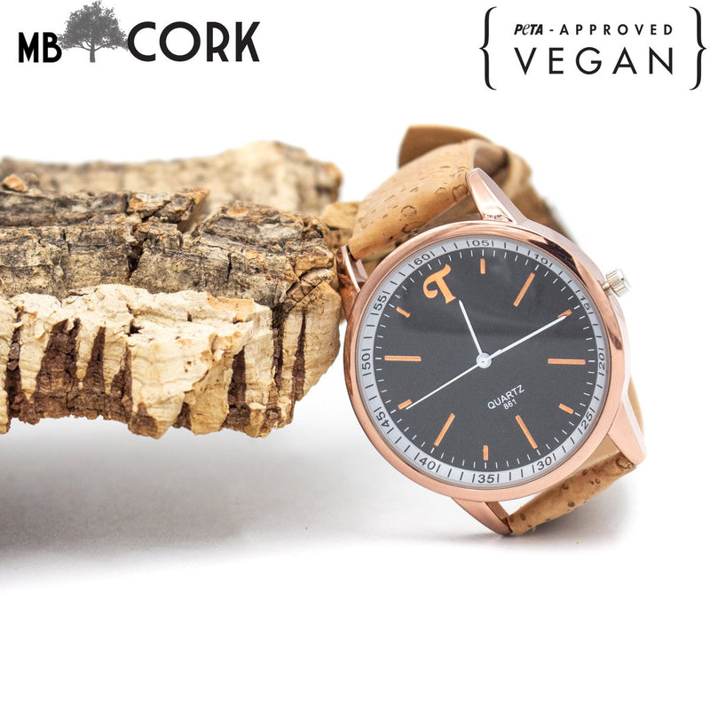 Cork watch natural cork with black watch for unisex adults WA-101-A